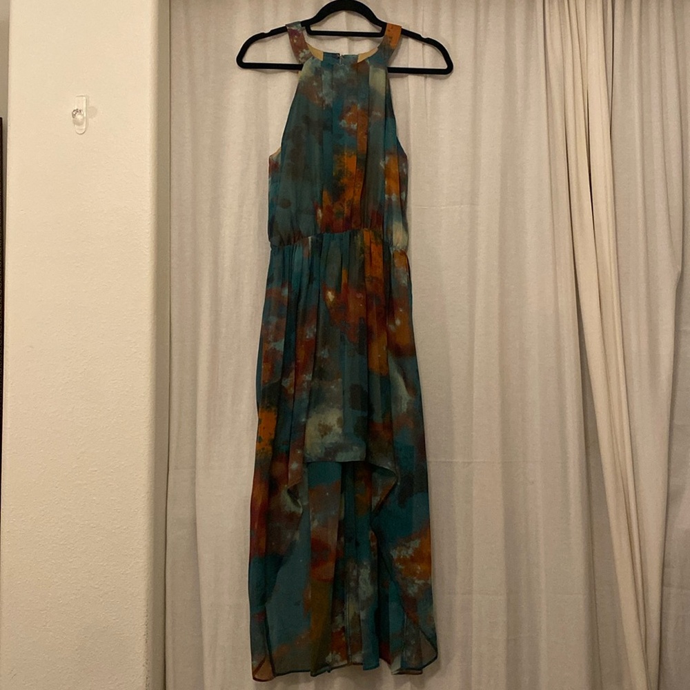 Watercolor pattern high low cocktail dress.